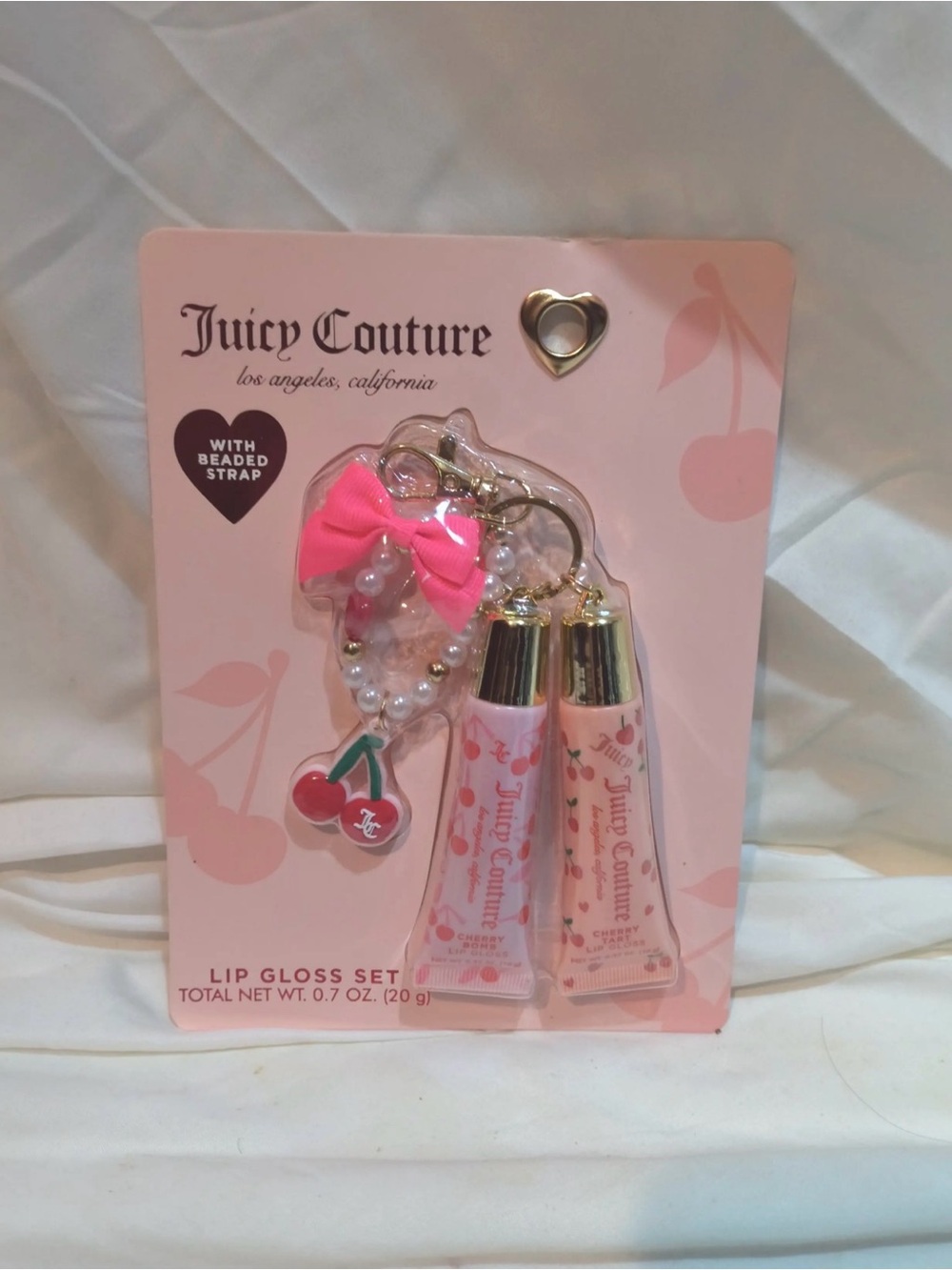 Juicy Couture Pink Cherry Lip Gloss Set with Beaded Strap